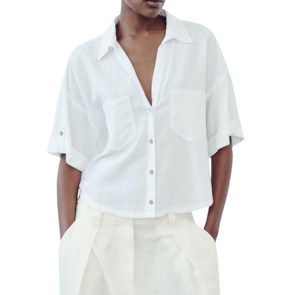 Zara White Linen Blend Short Sleeve Button Down Top S
